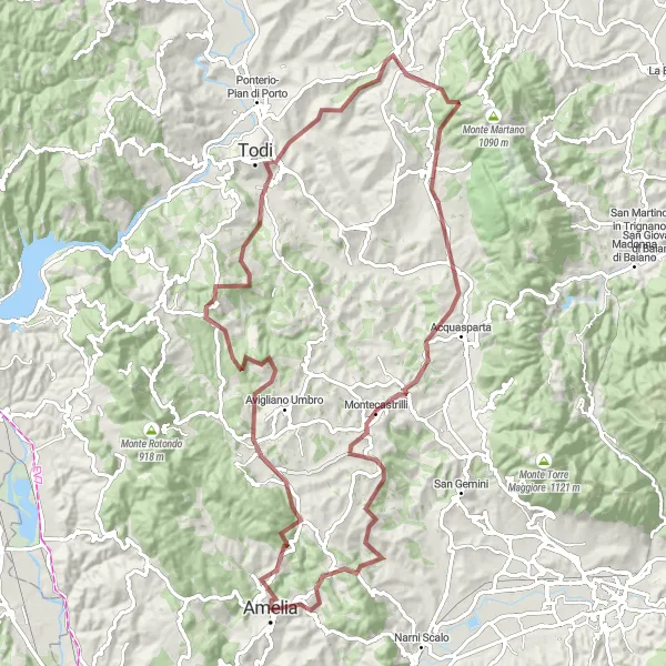 Map miniature of "Amelia to Monte Piglio Gravel Adventure" cycling inspiration in Umbria, Italy. Generated by Tarmacs.app cycling route planner