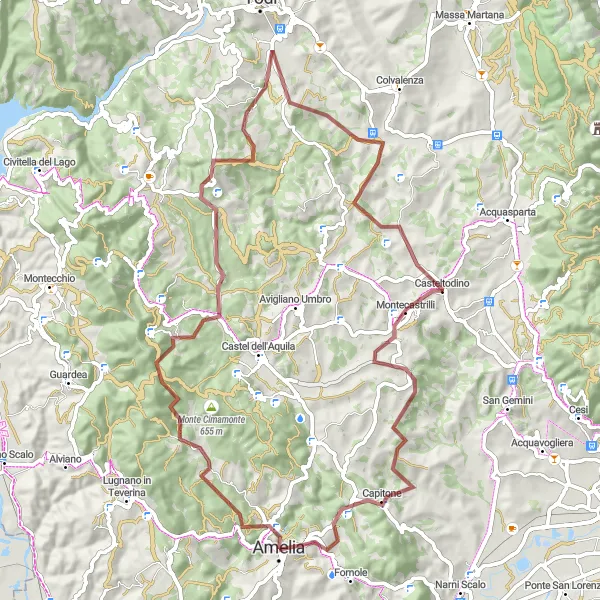 Miniatura della mappa di ispirazione al ciclismo "Percorso ciclabile sterrato da Amelia" nella regione di Umbria, Italy. Generata da Tarmacs.app, pianificatore di rotte ciclistiche