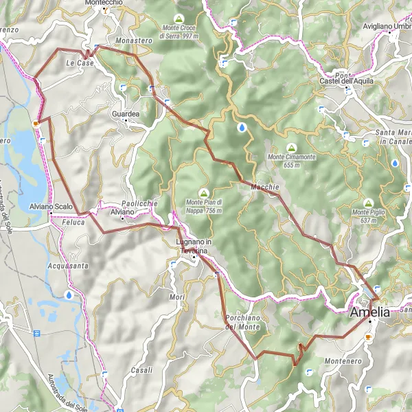 Miniatura della mappa di ispirazione al ciclismo "Strada sterrata di Lugnano" nella regione di Umbria, Italy. Generata da Tarmacs.app, pianificatore di rotte ciclistiche