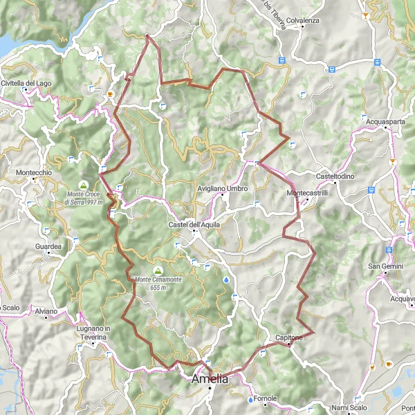 Miniatura della mappa di ispirazione al ciclismo "Giro in Gravel intorno ad Amelia" nella regione di Umbria, Italy. Generata da Tarmacs.app, pianificatore di rotte ciclistiche