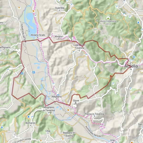 Miniatura della mappa di ispirazione al ciclismo "Gravel Route Monte San Salvatore" nella regione di Umbria, Italy. Generata da Tarmacs.app, pianificatore di rotte ciclistiche