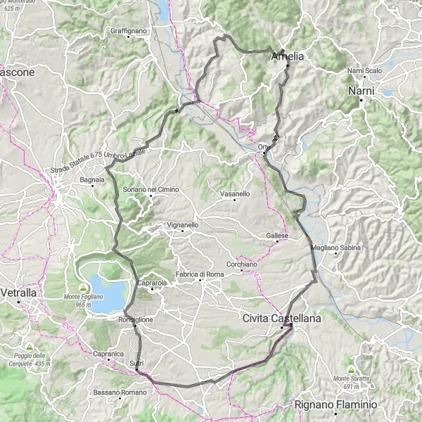 Miniatura della mappa di ispirazione al ciclismo "Tour di oltre 100 km tra Orte e Poggio Franchino" nella regione di Umbria, Italy. Generata da Tarmacs.app, pianificatore di rotte ciclistiche