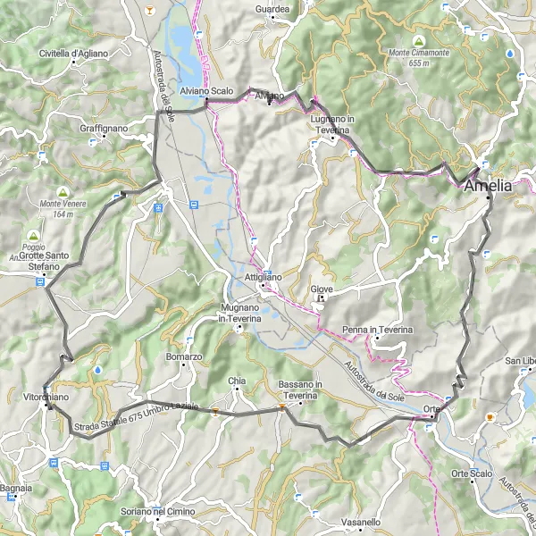 Miniatura della mappa di ispirazione al ciclismo "Giro ciclabile misto da Amelia" nella regione di Umbria, Italy. Generata da Tarmacs.app, pianificatore di rotte ciclistiche