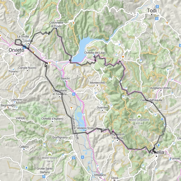 Miniatura della mappa di ispirazione al ciclismo "Giro ciclistico stradale da Amelia" nella regione di Umbria, Italy. Generata da Tarmacs.app, pianificatore di rotte ciclistiche