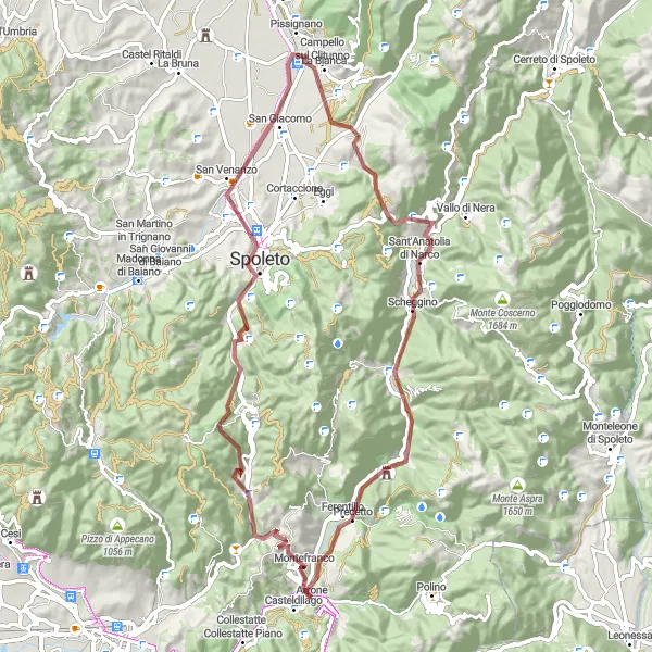 Miniatura della mappa di ispirazione al ciclismo "Gravels of Valnerina and Monti Martani" nella regione di Umbria, Italy. Generata da Tarmacs.app, pianificatore di rotte ciclistiche