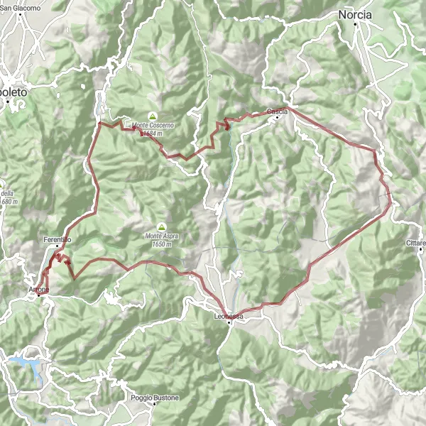 Miniatura della mappa di ispirazione al ciclismo "Ciclo via di 106 km con la bici da gravel vicino ad Arrone" nella regione di Umbria, Italy. Generata da Tarmacs.app, pianificatore di rotte ciclistiche