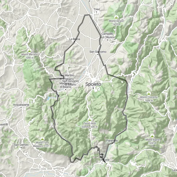 Miniatura della mappa di ispirazione al ciclismo "Giro in bici da Arrone attraverso la Valle del Nera" nella regione di Umbria, Italy. Generata da Tarmacs.app, pianificatore di rotte ciclistiche