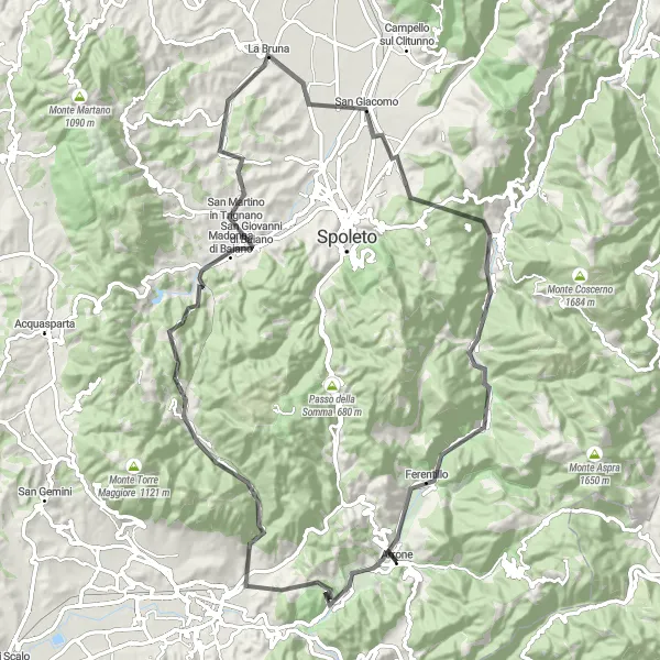 Miniatura della mappa di ispirazione al ciclismo "Sfida in bicicletta da Arrone alla Montagnola" nella regione di Umbria, Italy. Generata da Tarmacs.app, pianificatore di rotte ciclistiche