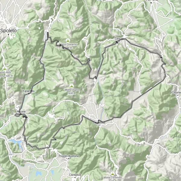 Miniatura della mappa di ispirazione al ciclismo "Montagne dell'Umbria e antichi borghi" nella regione di Umbria, Italy. Generata da Tarmacs.app, pianificatore di rotte ciclistiche