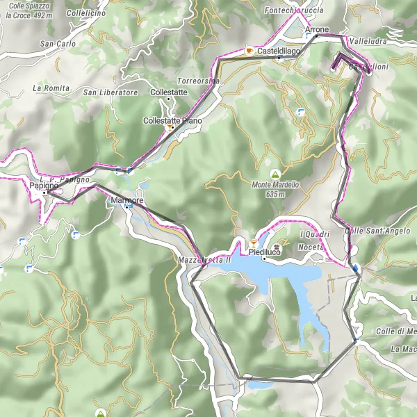Miniatura della mappa di ispirazione al ciclismo "Percorso di 33 km in bicicletta su strada nelle vicinanze di Arrone" nella regione di Umbria, Italy. Generata da Tarmacs.app, pianificatore di rotte ciclistiche