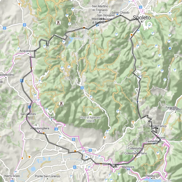 Miniatura della mappa di ispirazione al ciclismo "Percorso in bicicletta su strada di 84 km vicino ad Arrone" nella regione di Umbria, Italy. Generata da Tarmacs.app, pianificatore di rotte ciclistiche