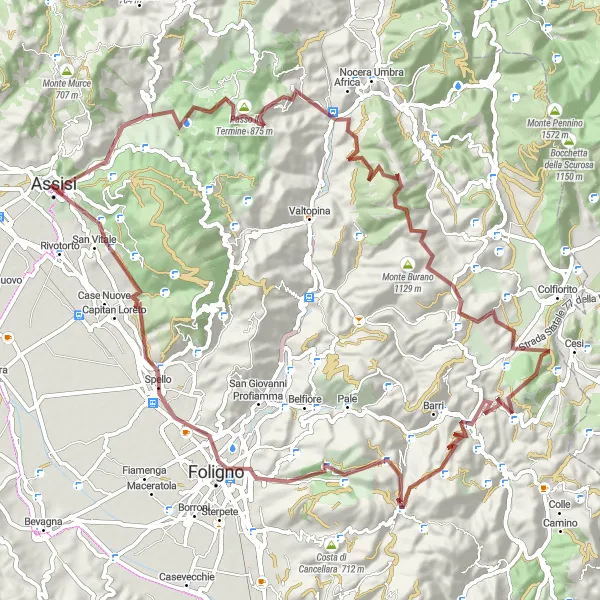 Miniatura della mappa di ispirazione al ciclismo "Sfide e panorami nei pressi di Foligno" nella regione di Umbria, Italy. Generata da Tarmacs.app, pianificatore di rotte ciclistiche