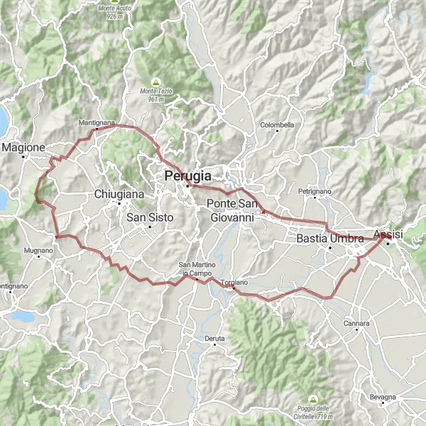 Miniatura della mappa di ispirazione al ciclismo "Percorso di 95 km in Mountain Bike" nella regione di Umbria, Italy. Generata da Tarmacs.app, pianificatore di rotte ciclistiche