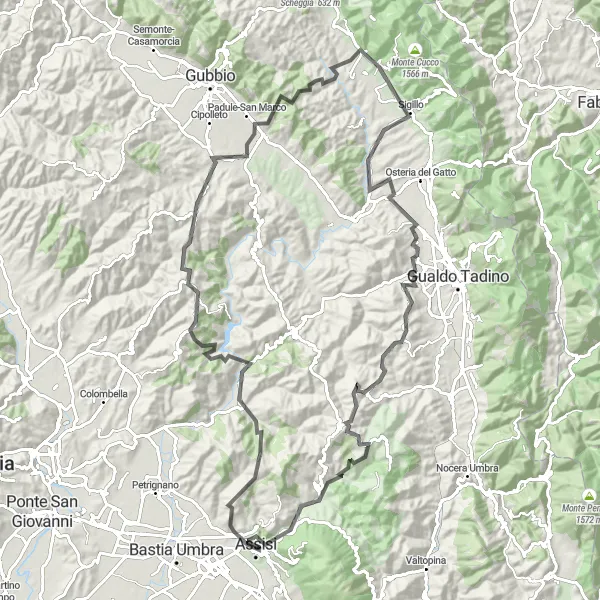 Map miniature of "The Umbrian Mountains Adventure" cycling inspiration in Umbria, Italy. Generated by Tarmacs.app cycling route planner