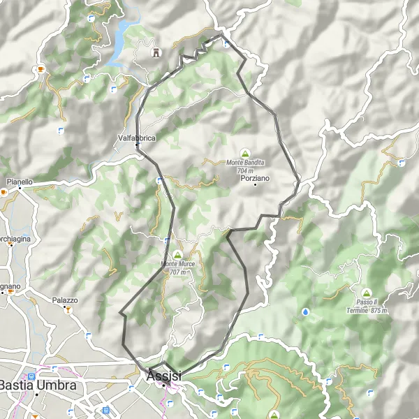 Miniatura della mappa di ispirazione al ciclismo "Percorso cicloturistico tra Monte Murce e Assisi" nella regione di Umbria, Italy. Generata da Tarmacs.app, pianificatore di rotte ciclistiche