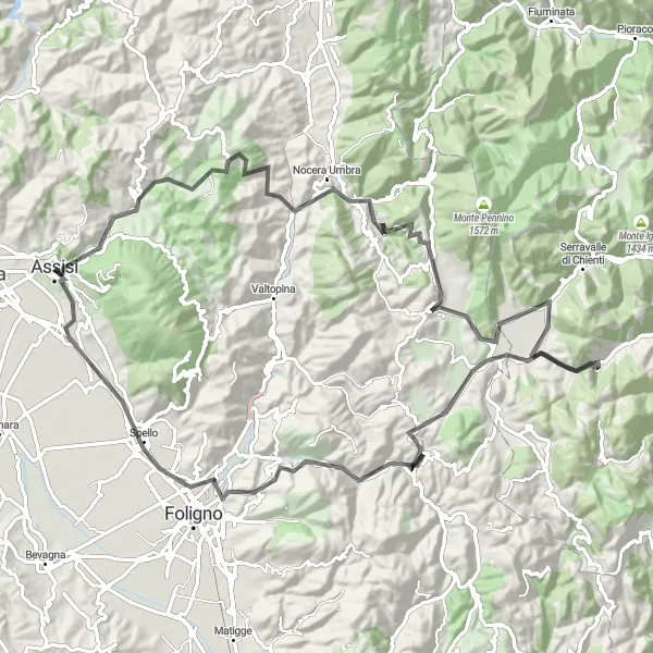 Miniatura della mappa di ispirazione al ciclismo "Tour in bicicletta verso Col Caprile" nella regione di Umbria, Italy. Generata da Tarmacs.app, pianificatore di rotte ciclistiche