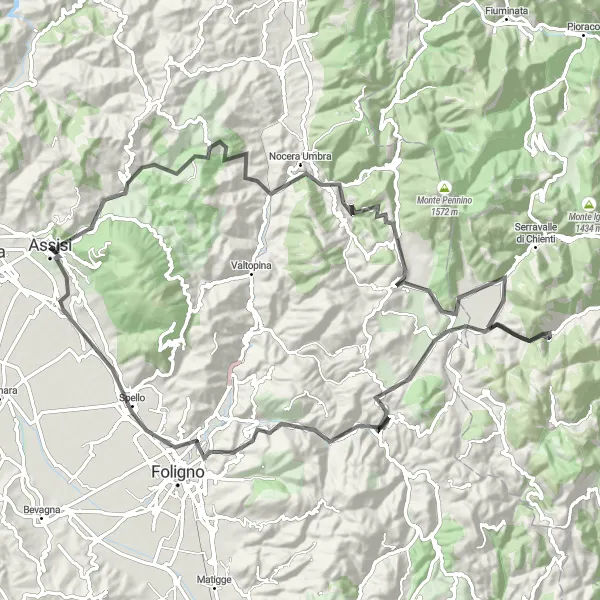 Miniatuurkaart van de fietsinspiratie "Assisi naar Colfiorito: Een uitdagende fietsroute door prachtige heuvels" in Umbria, Italy. Gemaakt door de Tarmacs.app fietsrouteplanner