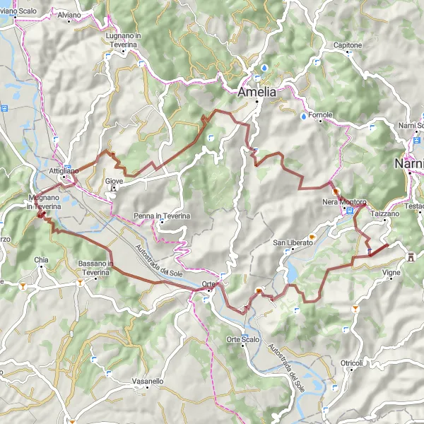 Miniatura della mappa di ispirazione al ciclismo "Giro in Gravel da Attigliano a Mugnano in Teverina" nella regione di Umbria, Italy. Generata da Tarmacs.app, pianificatore di rotte ciclistiche