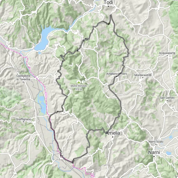 Miniatura della mappa di ispirazione al ciclismo "Avventura su strada tra Guardea e Giove" nella regione di Umbria, Italy. Generata da Tarmacs.app, pianificatore di rotte ciclistiche