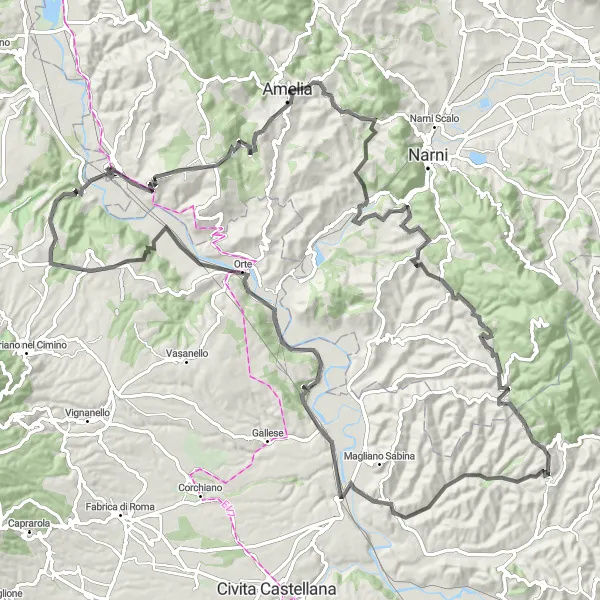 Miniatura della mappa di ispirazione al ciclismo "Giro in bici Attigliano - Cascate" nella regione di Umbria, Italy. Generata da Tarmacs.app, pianificatore di rotte ciclistiche