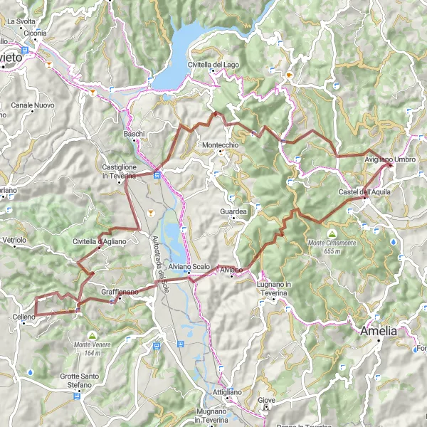 Miniatura della mappa di ispirazione al ciclismo "Avigliano Umbro - Castiglione in Teverina" nella regione di Umbria, Italy. Generata da Tarmacs.app, pianificatore di rotte ciclistiche