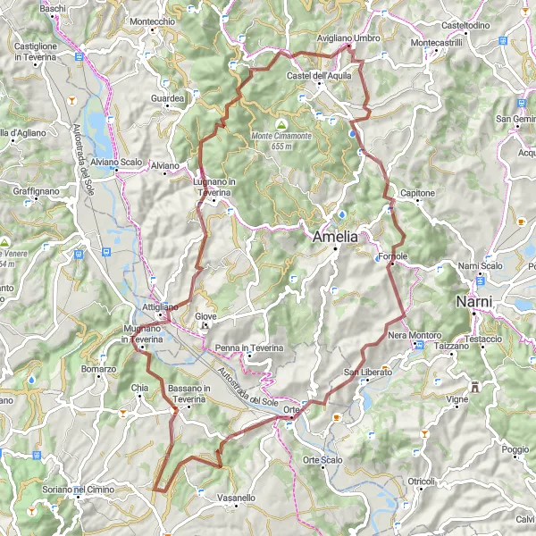 Miniatura della mappa di ispirazione al ciclismo "Giro Gravel Avigliano Umbro - Foce" nella regione di Umbria, Italy. Generata da Tarmacs.app, pianificatore di rotte ciclistiche