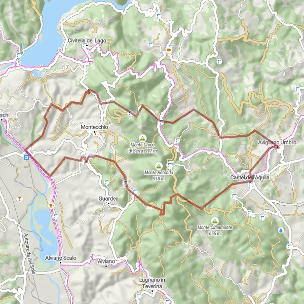 Miniatura della mappa di ispirazione al ciclismo "Avigliano Umbro - Torre Errighi" nella regione di Umbria, Italy. Generata da Tarmacs.app, pianificatore di rotte ciclistiche