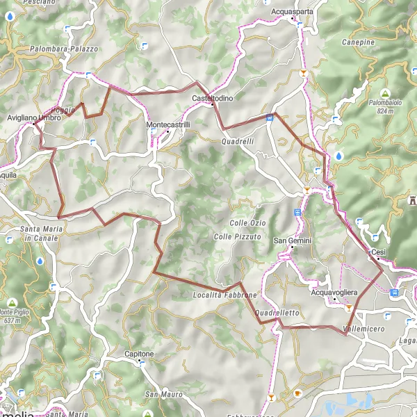 Miniatura della mappa di ispirazione al ciclismo "Giro Gravel Avigliano Umbro - Santa Maria in Canale" nella regione di Umbria, Italy. Generata da Tarmacs.app, pianificatore di rotte ciclistiche