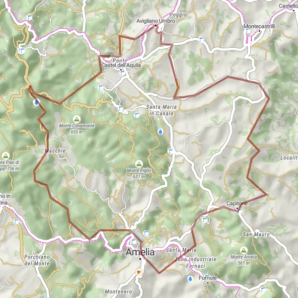 Miniatura della mappa di ispirazione al ciclismo "Giro Gravel Avigliano Umbro - Castel dell'Aquila" nella regione di Umbria, Italy. Generata da Tarmacs.app, pianificatore di rotte ciclistiche