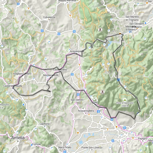 Map miniature of "The Scenic Road Adventure around Avigliano Umbro" cycling inspiration in Umbria, Italy. Generated by Tarmacs.app cycling route planner