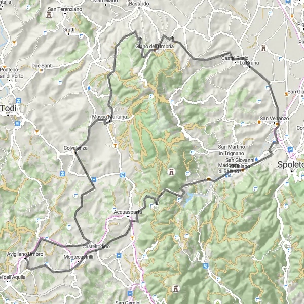 Miniatura della mappa di ispirazione al ciclismo "Giro Road Avigliano Umbro - Castel Ritaldi" nella regione di Umbria, Italy. Generata da Tarmacs.app, pianificatore di rotte ciclistiche