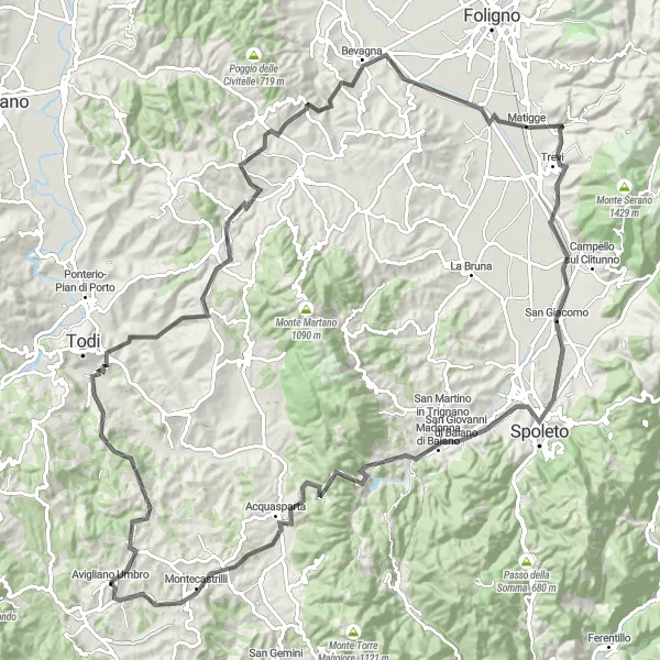 Miniatura della mappa di ispirazione al ciclismo "Avigliano Umbro - Spoleto" nella regione di Umbria, Italy. Generata da Tarmacs.app, pianificatore di rotte ciclistiche