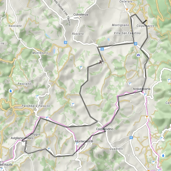 Miniatura della mappa di ispirazione al ciclismo "Giro Road Avigliano Umbro - Casigliano" nella regione di Umbria, Italy. Generata da Tarmacs.app, pianificatore di rotte ciclistiche