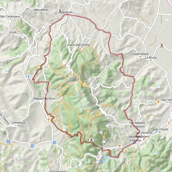 Map miniature of "The Moscardini Junction Gravel Route" cycling inspiration in Umbria, Italy. Generated by Tarmacs.app cycling route planner