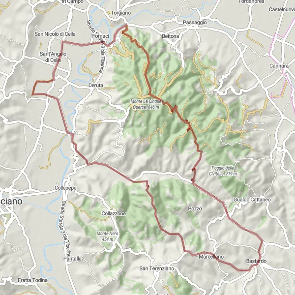 Map miniature of "The Rustic Charms of Monte Rosciano Gravel Route" cycling inspiration in Umbria, Italy. Generated by Tarmacs.app cycling route planner