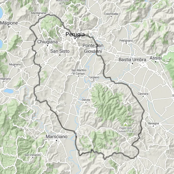 Map miniature of "Cycling through the Hills of Umbria" cycling inspiration in Umbria, Italy. Generated by Tarmacs.app cycling route planner