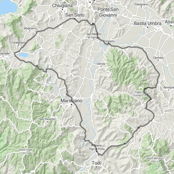 Miniatura della mappa di ispirazione al ciclismo "Alta Cardiopulosità Intorno a Bastardo" nella regione di Umbria, Italy. Generata da Tarmacs.app, pianificatore di rotte ciclistiche