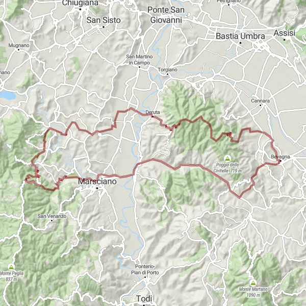 Map miniature of "Umbrian Wilderness" cycling inspiration in Umbria, Italy. Generated by Tarmacs.app cycling route planner