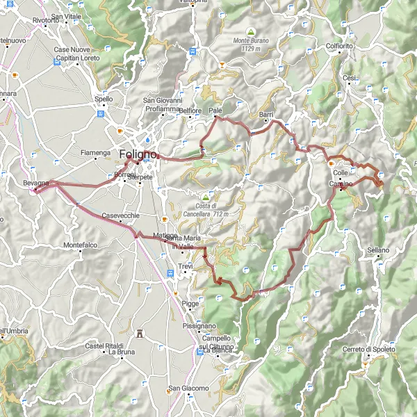 Miniatura della mappa di ispirazione al ciclismo "Tour in bicicletta da Bevagna a Colonna romana" nella regione di Umbria, Italy. Generata da Tarmacs.app, pianificatore di rotte ciclistiche