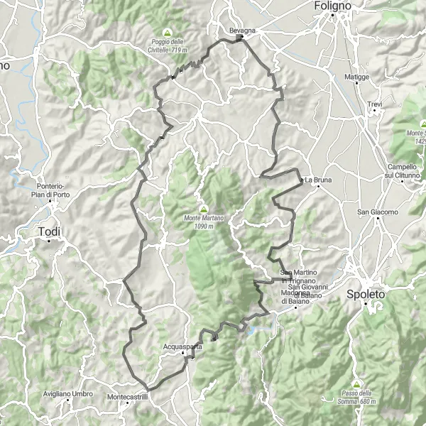 Miniatura della mappa di ispirazione al ciclismo "Giro in bici da Bevagna a Montefalco" nella regione di Umbria, Italy. Generata da Tarmacs.app, pianificatore di rotte ciclistiche