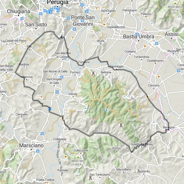 Miniatura della mappa di ispirazione al ciclismo "Percorso ciclabile tra Bevagna e Torgiano" nella regione di Umbria, Italy. Generata da Tarmacs.app, pianificatore di rotte ciclistiche