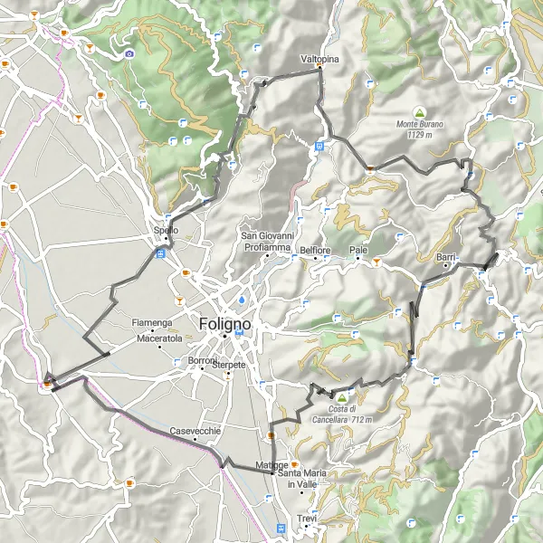 Map miniature of "Bevagna - Acquatino - Monte Pasano - Monte le Piane - Terme Romane con Mosaici - Bevagna" cycling inspiration in Umbria, Italy. Generated by Tarmacs.app cycling route planner