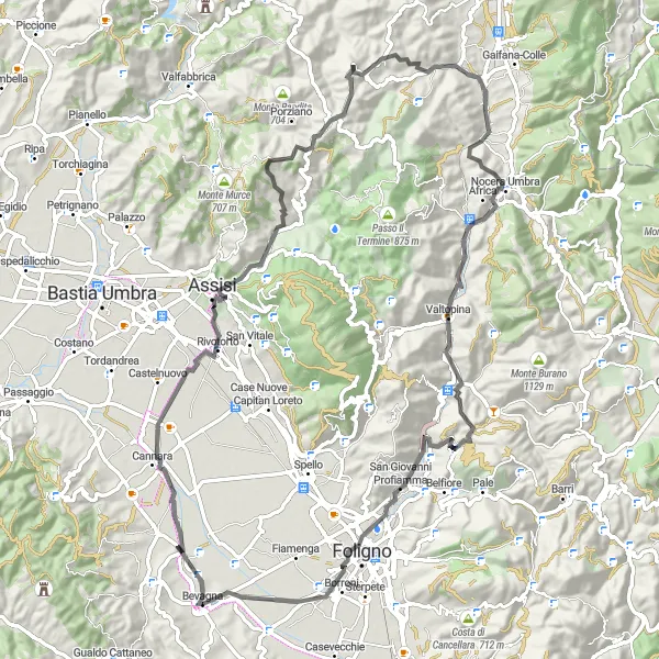 Miniatura della mappa di ispirazione al ciclismo "Giro in bicicletta tra Bevagna e Terme Romane con Mosaici" nella regione di Umbria, Italy. Generata da Tarmacs.app, pianificatore di rotte ciclistiche