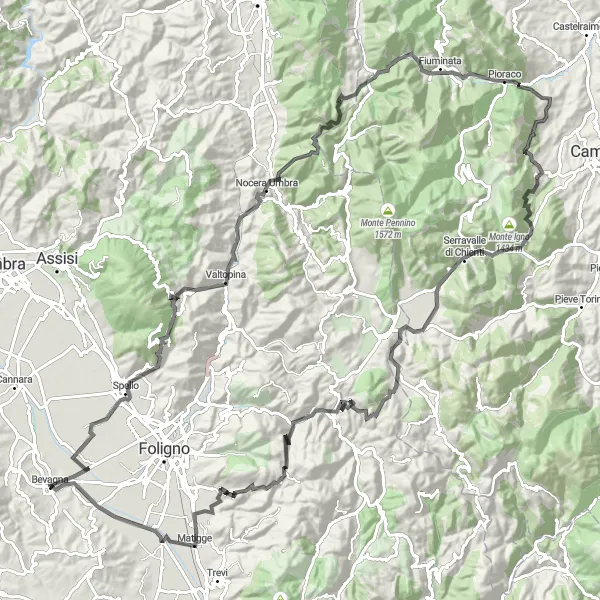 Map miniature of "Bevagna - Acquatino - Valtopina - Nocera Umbra - Passo del Termine - Pioraco - Serrone - Monte di Campalto - Serravalle di Chienti - Poggio Civitella - Cancelli - Costa di Cancellara - Antico lavatoio - Bevagna" cycling inspiration in Umbria, Italy. Generated by Tarmacs.app cycling route planner