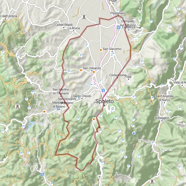 Miniatura della mappa di ispirazione al ciclismo "Avventura in bicicletta gravel intorno a Campello sul Clitunno" nella regione di Umbria, Italy. Generata da Tarmacs.app, pianificatore di rotte ciclistiche