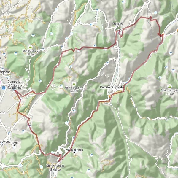 Miniatura della mappa di ispirazione al ciclismo "Periplo in bicicletta gravel intorno a Campello sul Clitunno" nella regione di Umbria, Italy. Generata da Tarmacs.app, pianificatore di rotte ciclistiche