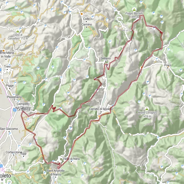 Miniatura della mappa di ispirazione al ciclismo "Gravel e colline del Monte Giove" nella regione di Umbria, Italy. Generata da Tarmacs.app, pianificatore di rotte ciclistiche