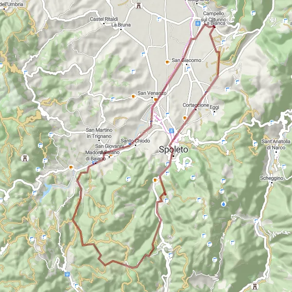 Miniatura della mappa di ispirazione al ciclismo "Tranquille strade ghiaiose di Spoleto" nella regione di Umbria, Italy. Generata da Tarmacs.app, pianificatore di rotte ciclistiche