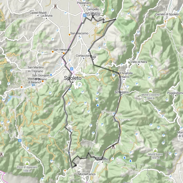 Miniatura della mappa di ispirazione al ciclismo "Giro in bici su strada intorno a Campello sul Clitunno" nella regione di Umbria, Italy. Generata da Tarmacs.app, pianificatore di rotte ciclistiche