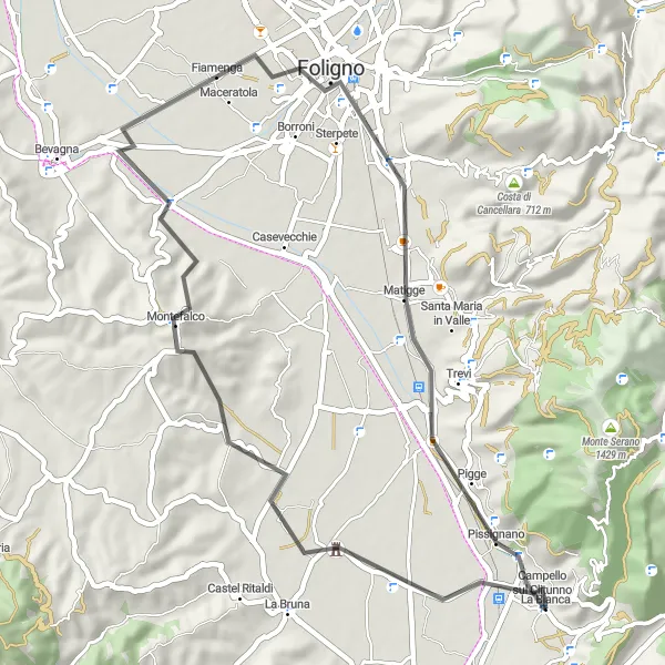 Miniatura della mappa di ispirazione al ciclismo "Giro in bici su strada intorno a Campello sul Clitunno" nella regione di Umbria, Italy. Generata da Tarmacs.app, pianificatore di rotte ciclistiche